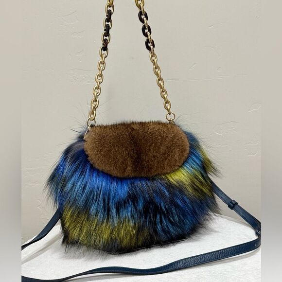 Unique Colorful Real Mink Fur with Finn Raccoon Fur Bag Includes 2 Strap Styles - Picture 8 of 17